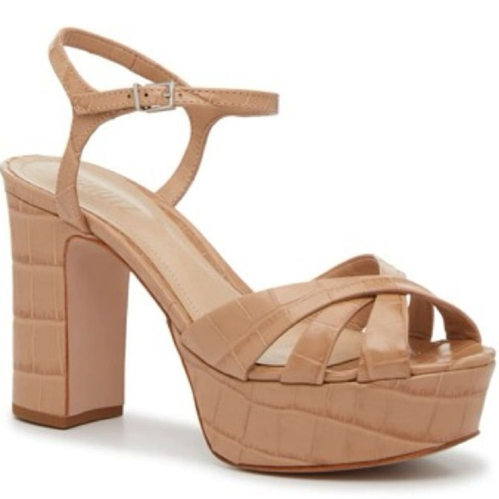 SCHUTZ Keefa Platform Heels Size 10 Nude Beige Croc Embossed Leather Sandals NWB - Picture 13 of 16